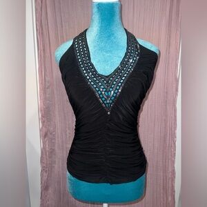 Entry Black Ruched Embellished Halter Top